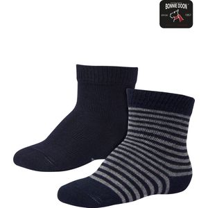 Bonnie Doon Sokken Set Gestreept en Effen voor Baby's Donkerblauw/Grijs 4-8 mnd - Organisch Katoen - 2 paar - GOTS gecertificeerd - Stay-on-socks - Unisex - Jongens - Meisjes - Zakt niet Af - Strepen - 2-pack - Multipack - Dark Blue - OL0441012.111