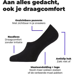 Onzichtbare sneakersokken - maat 39/42 - 2 paar - footies - naadloos - anti-slip hak - dames - no show - zwart