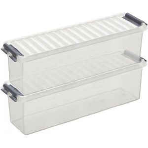 2x Sunware Q-Line opberg boxes/opbergdozen 1,3 liter 27 x 8,4 x 9 cm kunststof - Langwerpige/smalle opslagbox - Opbergbak kunststof transparant/zilver