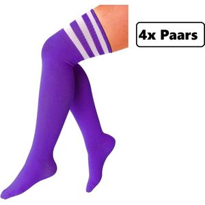 4x Paar Lange sokken paars met witte strepen - maat 36-41 - kniekousen paarse overknee kousen sportsokken cheerleader carnaval voetbal hockey unisex festival