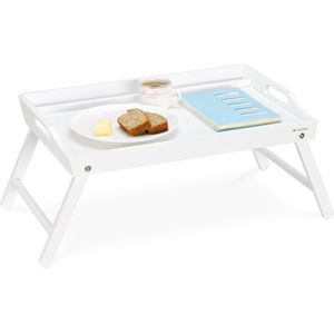 Navaris bamboe bed dienblad tafel - Dienblad voor in bed met opklapbare poten voor ontbijt - 55,5 cm x 26,7 cm x 35,3 cm met handgrepen - Wit