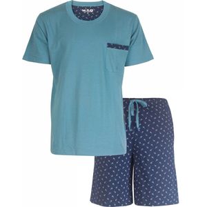 MEQ Heren Shortama - Pyjama Set - Korte mouwen - 100% Katoen - Petrol Blauw - Maat S