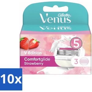 10 x Gillette - Venus Comfortglide - Strawberry - Zoete geur en hydratatie - 3 Navulscheermesjes - Scheerbeurt - Hydratatie - Aardbeiengeur - Scheerapparaat - Scheermes