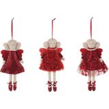 J-Line Kersthanger engel popjes - textiel - wit & rood - 3 stuks - kerstboomversiering