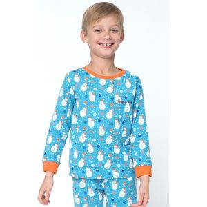 Happy Pyjama's - Vrolijke winter kinder pyjama voor jongens en meisjes - leuke sneeuwvlokken en sneeuwpoppen prints - blauw met oranje, katoen, maat 98/104 (2-4 jaar)