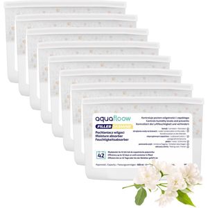 AquaFloow, set 8 vochtvreter, vochtabsorbers voor kasten, kleerkasten, keuken, badkamer, luchtontvochtiger, 400 ml, tegen vocht, voor ruimtes tot 9 m², de geur van jasmijn
