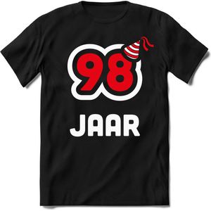 98 Jaar Feest kado T-Shirt Heren / Dames - Perfect Verjaardag Cadeau Shirt - Wit / Rood - Maat 9XL