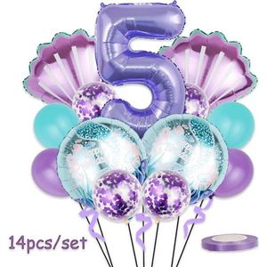 Zeemeerminnen Ballonnen pakket - 5 Jaar - Mermaid Ballonnen - 14 Stuks - Verjaardag Versiering / Feestpakket - Ballonnen set - Kinderfeestje Zeemeermin - Paarse ballonnen - Turquoise ballonnen - Happy Birthday