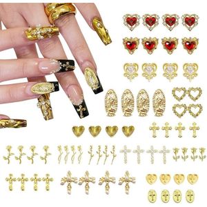 Nail Charms Set - 64 Pieces - Exclusieve Gouden Ontwerpen - Hartjes - Kruisen - Rozen - Maagd Maria - Duurzame 3D Chrome Nageldecoraties