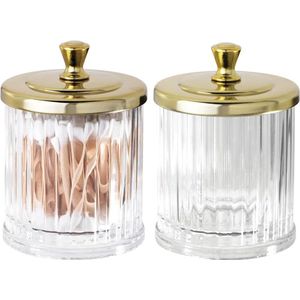 Set van 2 cosmetica-opbergglazen van kunststof, badplank met deksel voor badzout, wattenschijfjes enz. Veelzijdige cosmetica-organizer voor de wastafel, transparant en messingkleuren