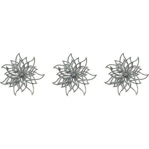 10x stuks decoratie bloemen kerststerren zilver glitter op clip 14 cm - Decoratiebloemen/kerstboomversiering