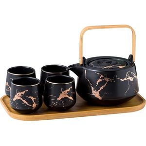 Japanse stijl keramische theeset Elegante theepot en 4 theekopjes met houten dienblad voor afternoon tea Home Decor Restaurant Tea Party Marmerpatroon (zwart)