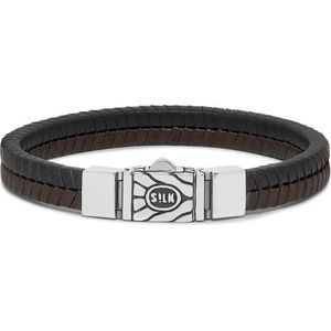 SILK Jewellery - Zilveren Armband - Chevron - 157BBR.19 - bruin/zwart leer - Maat 19
