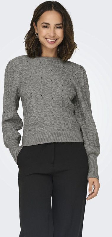 Only - Onlkatia L Tructure Puff O-neck - Gebreide Trui - Grijs Melange - Lange Mouwen