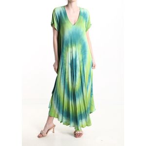 Batik print zomer maxi jurk met korte mouwen en v-hals, comfortabele zachte jurk maat 42/44