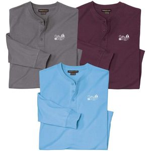 ATLAS FOR MEN - Set van 3 effen T‑shirts met knopenhals - Heren - Verkrijgbaar in grote maten - L