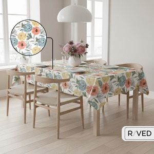 Raved Rond Tafelzeil - 140 cm ø - Getekende Bloemen Geel - Rood - PVC - Afwasbaar