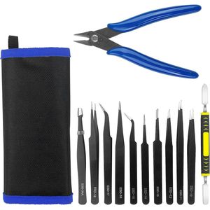 Pincettenset 12 Stuks voor Modelbouw en Knutselen - Roestvrij Staal, Antistatisch, Inclusief Precisiesnijtang