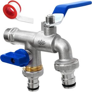 Premium 1/2 inch dubbele kraan van messing roest- en vorstbestendig + 2 x gratis slangaansluitingen + PTFE-band