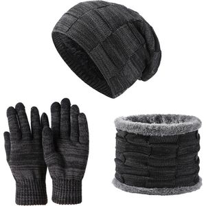 Luxe Beanie Muts Met Nek Warmer & Handschoenen - Voor Mannen & Vrouwen - Fleece Halswarmer - Col Sjaal - Wintermuts Wol Gevoerd - Zwart