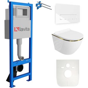LAVITA® Inbouwreservoir Complete Toiletset LAV 101 - Inbouw WC Hangtoilet Wandcloset SOFI SLIM GOLD LINE - Bedieningsplaat 200.3.1 Wit - Voorwandelement voor toilet 40cm - Installatiesysteem