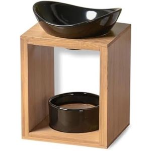 PolkaHome Aromatherapie Geurbrander voor Etherische Oliën en Geurwas - Zwart en Hout - Draadloze Diffuser met Zachte Warmteverspreiding - Decoratief en Therapeutisch