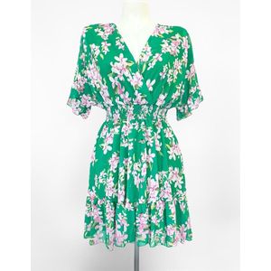 Floral ruffle jurkje - Groen/wit/roze - Bloemenprint jurk - Veel stretch - Elastische tailleband - Korte mouwen - Overslag v-hals - One-size - Een maat