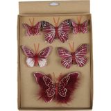 6x stuks decoratie vlinders op clip donkerrood - Kerstversiering/woondecoratie/bruiloft versiering