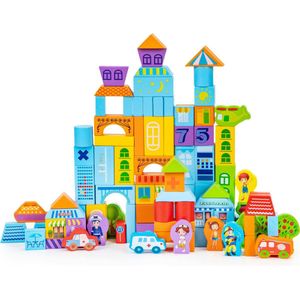 Houten blokken - 100 stuks - stad thema - kleurrijk