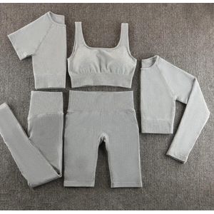 Gymset - LIGHT RIBBED - Maat M - Lichtgrijs - Grijs - 5delig - Fitness set - Sportkledingset - Sportset - Sporttop - Yogaset