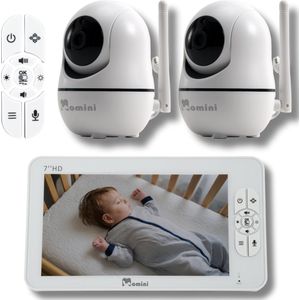 Momini DreamWatcher Draadloze Babyfoon met 2 Camera's - Videobabyfoon - 7"" HD LCD Scherm - Nachtzicht - 360° Rotatie - 300m Bereik - Wit