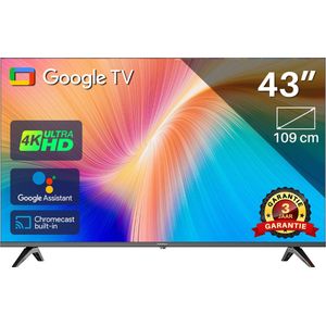 TEEVIEW TV43QUG Google Smart TV | 43 inch TeeView 4K UHD LED TV | 3xHDMI 2x USB | Ci+ | Triple Tuner DVB-T/T2/S/S2/C | Frameless Design | in Eindhoven geassembleerd