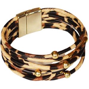 Luipaard Armband - Multilayer leer/stof met RVS gesp - Lieve Jewels