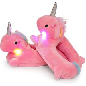 Grappige Pantoffels | Eenhoorn Sloffen | Roze | One size fits all maat 32 t/m 38 voor Kinderen, Dames en Heren | Pantoffel dierensloffen | Pluche Dierenpantoffels | Pantoffels met Lichtjes | Zachte Binnenschoenen
