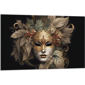 Vlag - Venetiaanse carnavals Masker met Gouden en Beige Details tegen Zwarte Achtergrond - 105x70 cm Foto op Polyester Vlag