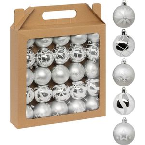 Feeric Christmas gedecoreerde kerstballen - 25x st - 6 cm - zilver/wit - kunststof