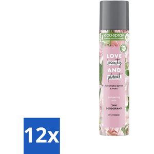 12 x Love Beauty and Planet - Deospray - Murumuru Butter & Rose - 75 ml - Deodorant - Antitranspirant - Rozengeur - Murumuru Boter - Vegan Deodorant