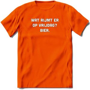 Wat rijmt er op vrijdag Bier T-Shirt | Unisex Kleding | Dames - Heren Feest shirt | Drank | Grappig Verjaardag Cadeau tekst | - Oranje - 3XL