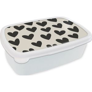 Broodtrommel Wit - Lunchbox Hartjes - Zwart - Beige - Brooddoos 18x12x6 cm - Brood lunch box - Broodtrommels voor kinderen en volwassenen
