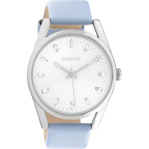 OOZOO Timepieces - zilverkleurige horloge met licht blauwe leren band - C10815 - Ø45