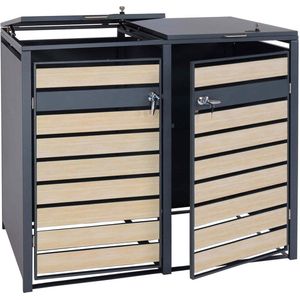 XL 2-zits/4-zits afvalbak deksel MCW-J81, afvalbak, metaal 59kg antraciet ~ beukenhout look lichtbruin