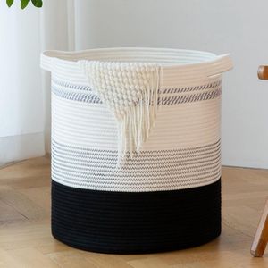 Grote opbergmand, wasmand, gevlochten dekenorganizer, speelgoedmand met handgrepen, grote mand voor het opbergen, deken, kussens, dekens, knuffeldieren, kleding (kleurverloop, zwart, 40 x 46