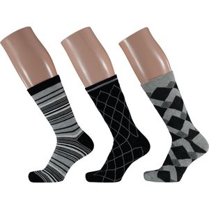 Apollo - Fashion sokken dames met ruit en strepen motief assorti blauw/grijs (2 x 3 paar) 35/42