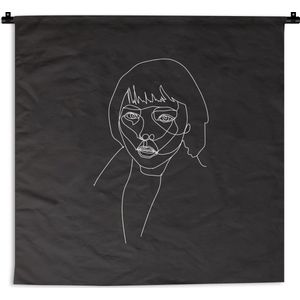 Wandkleed Line-art Vrouwengezicht - 10 - Illustratie starende vrouw op een zwarte achtergrond Wandkleed katoen 120x120 cm - Wandtapijt met foto