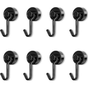 8 Stuks Magneethaken - Extra Sterk Neodymium Magneten met Haak - 20 mm Draaihaak voor IJzeren Deuren en Koelkasten - Groot Zwart Kledingrek Magneethaken