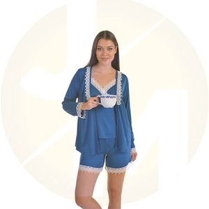 Dames nachtjapon | Tuniek van kant | Nachthemd voor dames | Dames pyjama | Cadeau voor dames | 4-delige set | kleur: blauw | maat: S