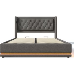 Gotagee Gestoffeerd bed 180x200cm tweepersoonsbed (zonder matras) grijs katoen hydraulisch opbergbed met USB Type-C oplaadfunctie en 3-zijdige LED-functie