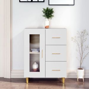 The Living Store Dressoir - - Bijzetkast 1 deur 3 lades - Visuele glazen deur - Stabiel blad - Wit - 69.5 x 34 x 90 cm