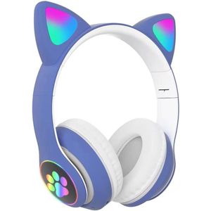 longziming Draadloze Kinder Koptelefoon – Cat Headphones met LED Oortjes – Bluetooth Hoofdtelefoon– Bluetooth 5.0 – Licht Groen – Met Verlichting – Opvouwbare opbergruimte – Blauw en wit