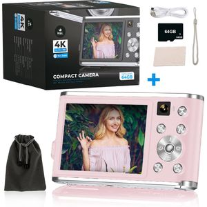 K&L Digitale Camera 4K - Fototoestel - Fotocamera - Compact Camera - Vlog Camera - Voor Kinderen - Inclusief 64GB - NL Software - Roze